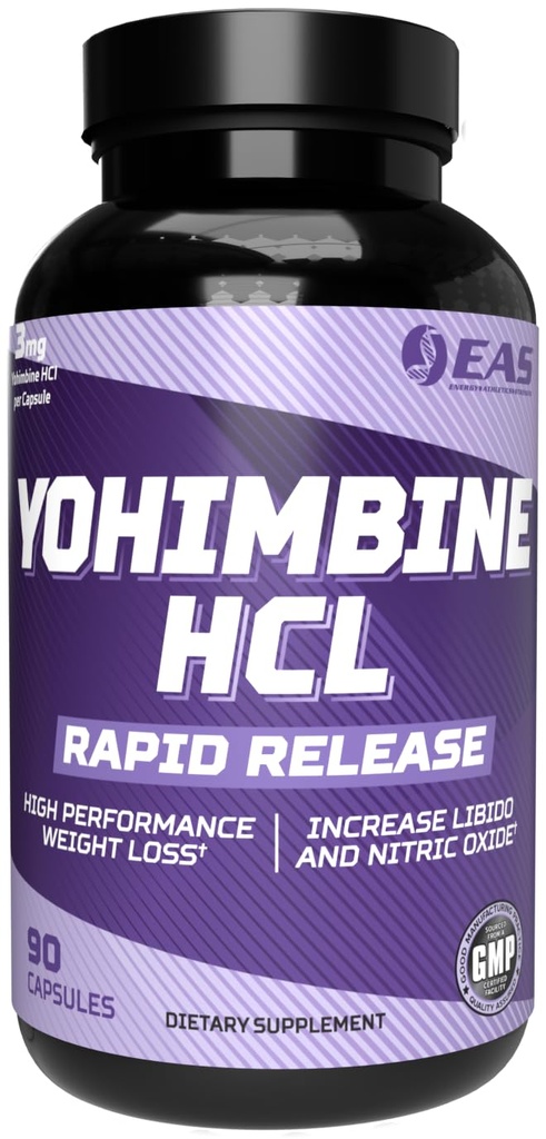 EAS Yohimbine HCL-HCL-Height Loss & Athletic Performance Amélioration de la technologie de libération rapide sans gluten, sans OGM, respectueux des végétaux 90 capsules