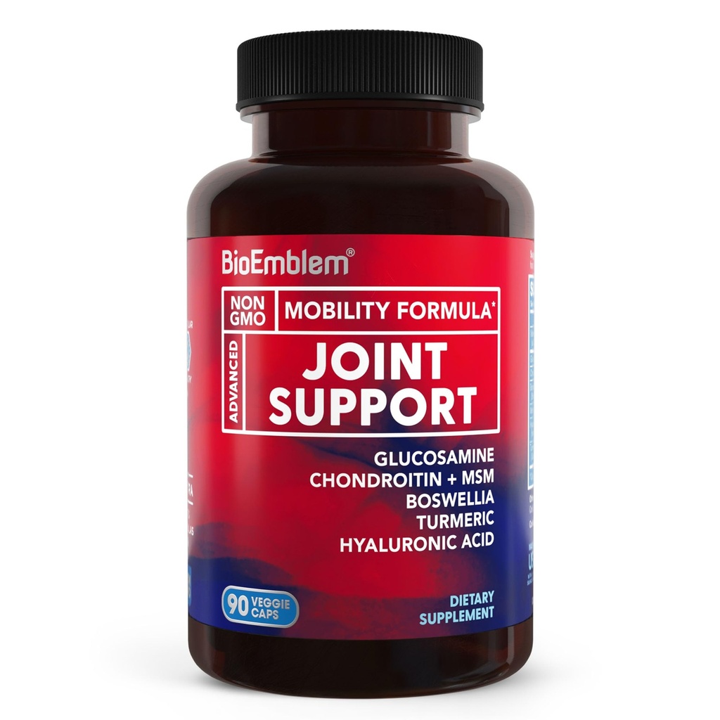 BioEmblem Joint Support - Glucosamin Chondroitin + MSM 1500 MG - mit Boswellia, Kurkuma & Hyaluronsäure - Joint Health Supplement, Mobilität, Flexibilität, Knorpel - Nicht-GVO - 90 Caps