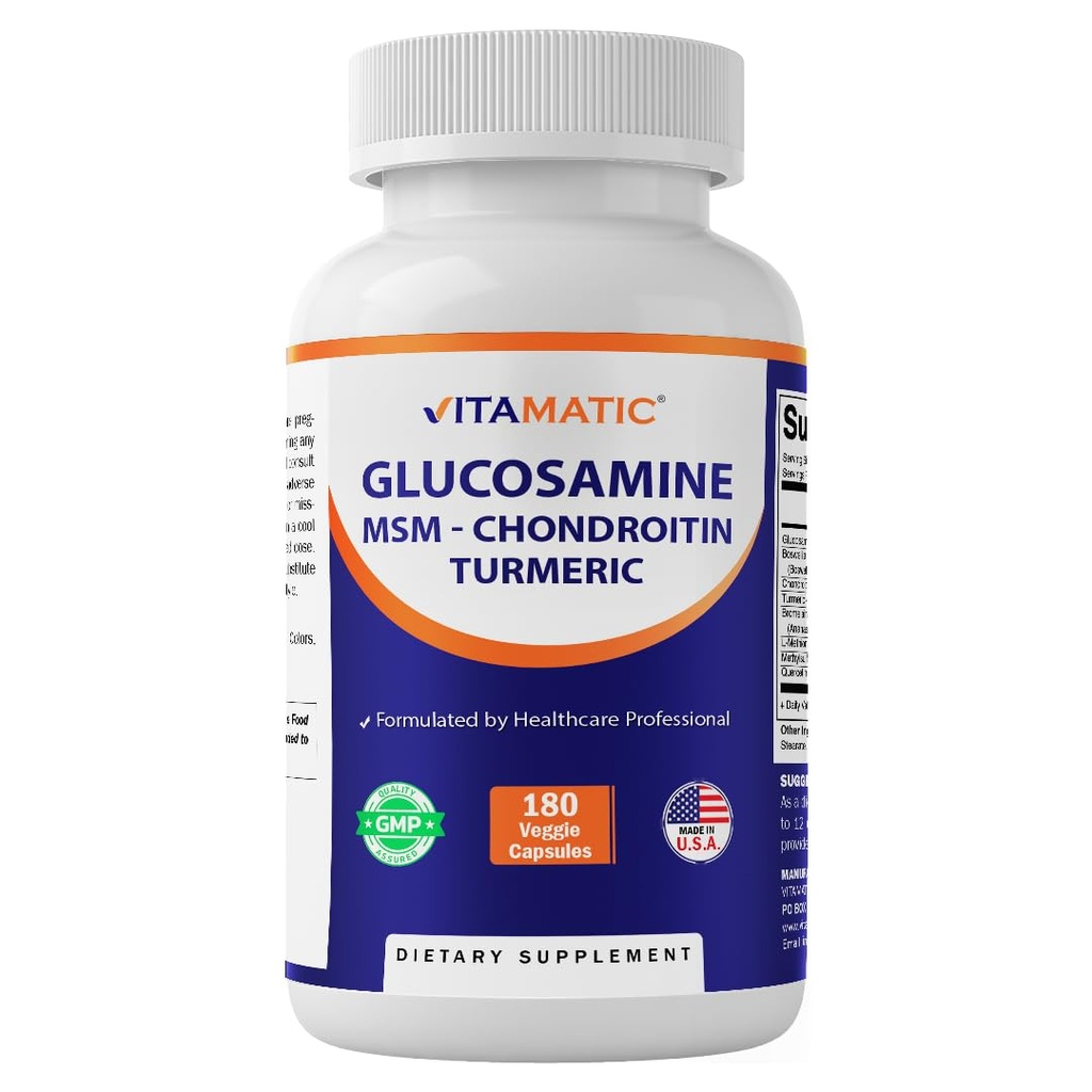 Glucosamine Vitamatique Chondritine MSM 180 Capsules Veggie – Supplément de soutien conjoint pour les femmes et les hommes – Sans mollusques, sans OGM