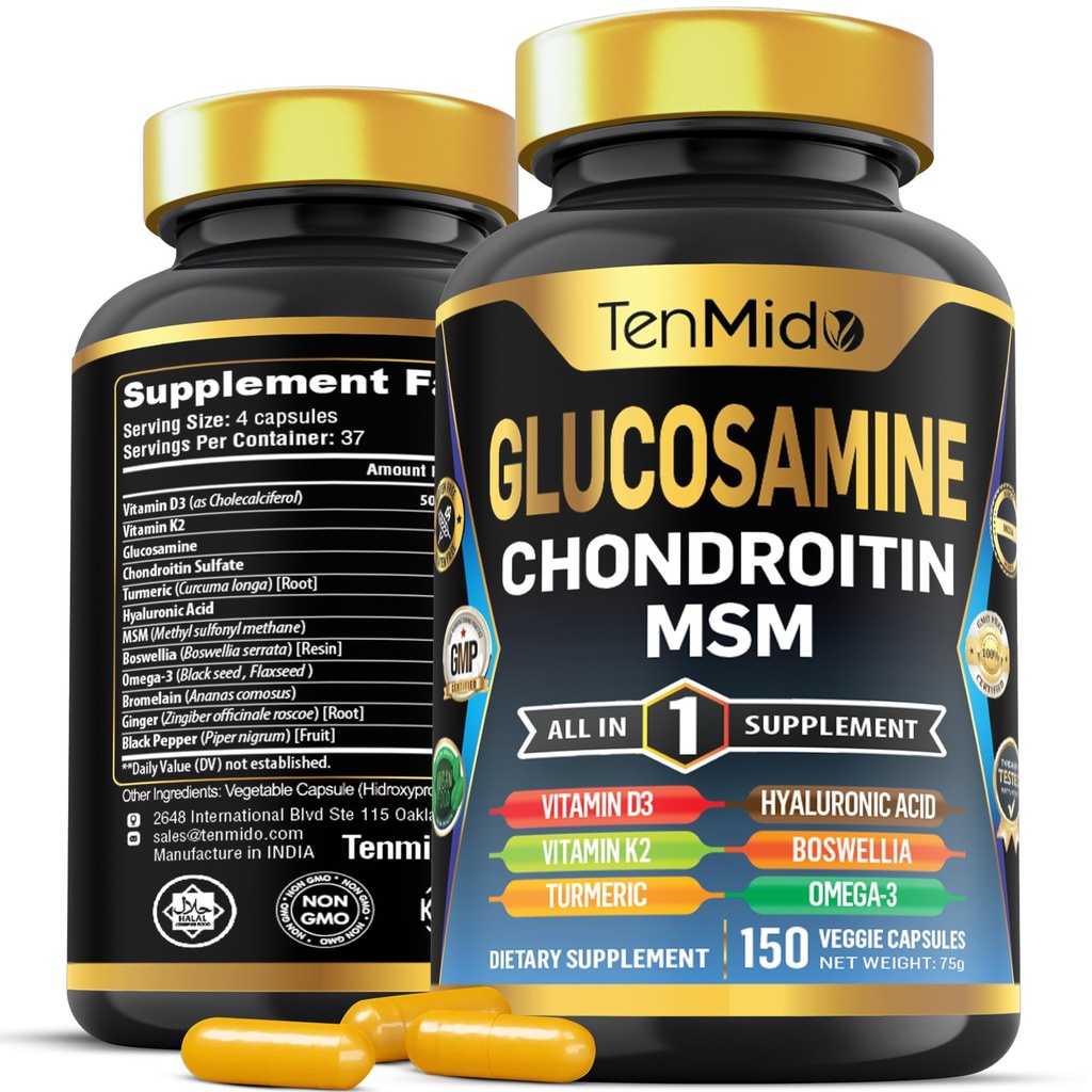 Glucosamina Chondroitin MSM Supplemento - 12in1 Formula - Combinare con Turmerico, Acido Ialuronico, Boswellia, Omega-3, Bromelain, Ginger, e altro - Joint Health Support - 150 capsule