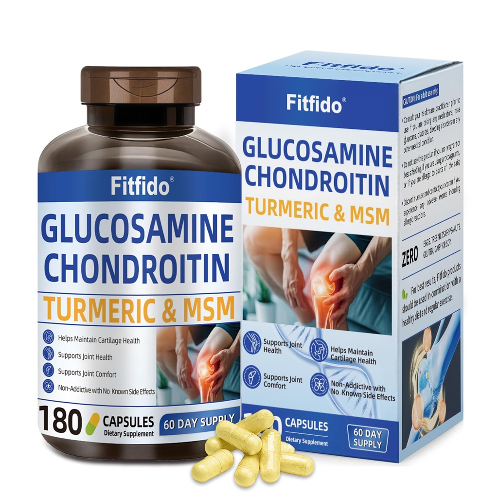 Glucosamine Chondroïtine MSM et supplément curcuma - utilisé pour le cartilage et la santé articulaire et la flexibilité - pour les femmes et les hommes - Non-OGM, sans gluten, 180 capsules