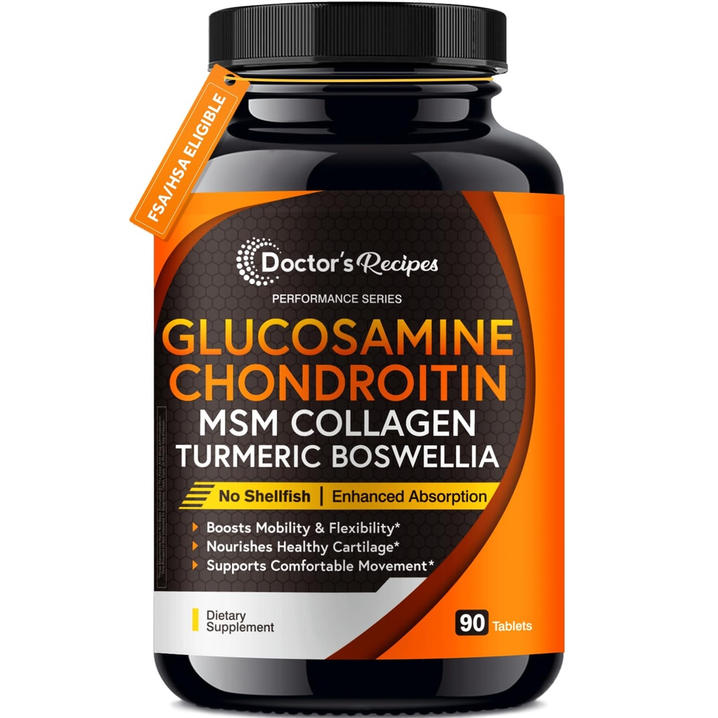 Arzt Rezepte Glucosamin Chondroitin MSM Kurkuma Quercetin, mit schwarzem Pfeffer für hohe Absorption, kein Schalentier, 90 Tabletten