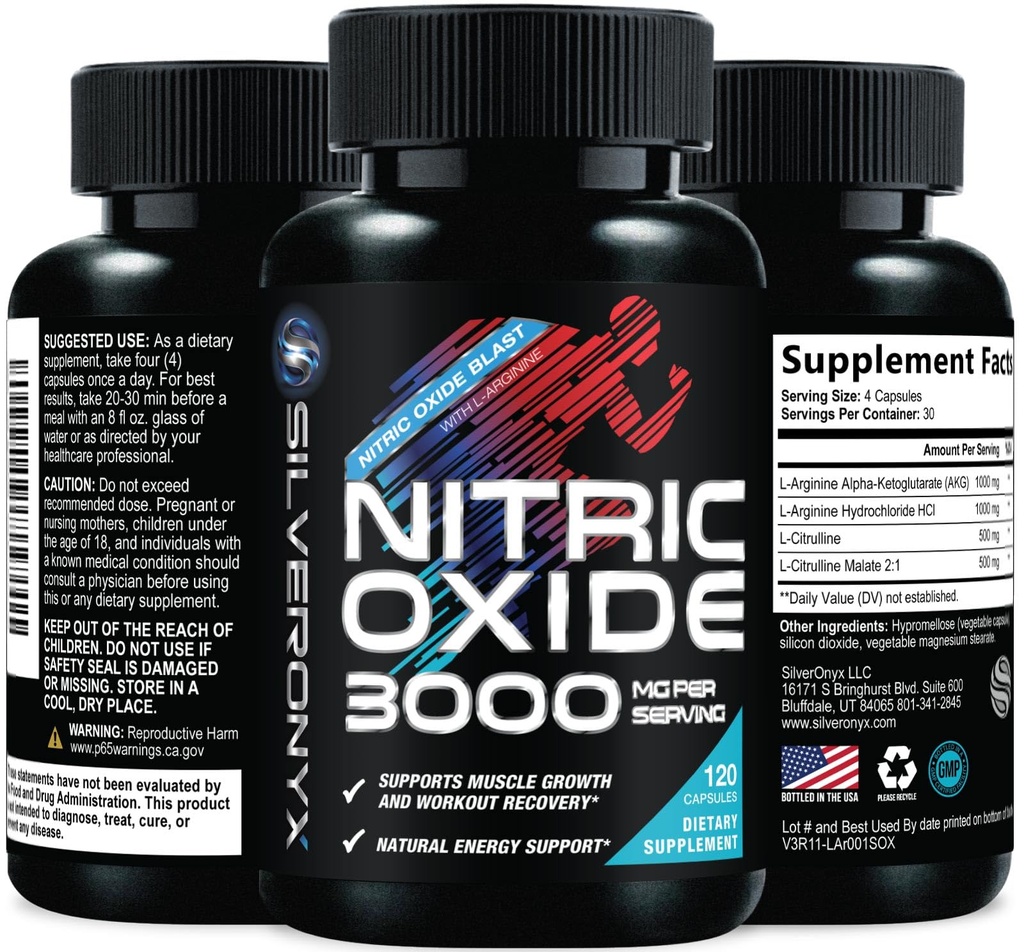 Extra Strength Nitric Oxid Supplement 3X Strength L Arginin, Citrulline Malate, AAKG, Beta Alanine - Premium Muskel Unterstützung Nitric Booster - Natural Energy & Heart Health Support - 120 Kapseln
