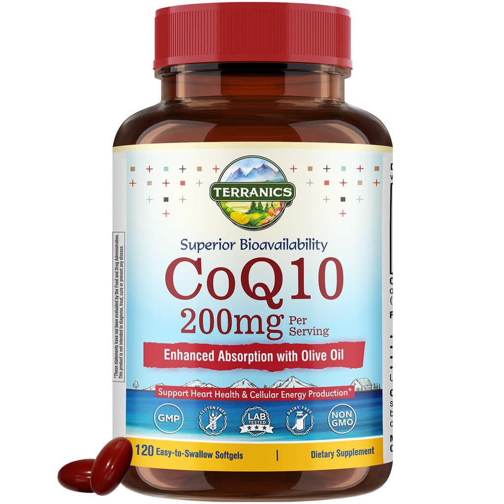 Terranics CoQ10 200mg, Coenzym Q10 Ergänzung mit extra nativem Olivenöl für verbesserte Absorption, Made in USA, unterstützt Herzgesundheit, Antioxidantienschutz, Energieproduktion, Non-GMO, 120 Softgels