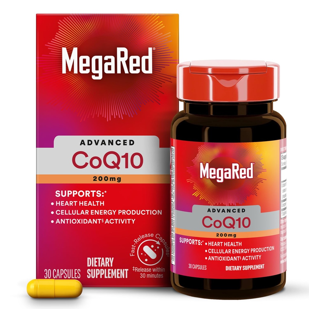 MegaRed Advanced CoQ10 Supplements- 200mg pro Servierung, Leistungsstarkes Antioxidans, das Cellular Energy Production unterstützt und gegen freie Radikale schützt*- 30 Coenzym Q10 Kapseln, 30 Servietten