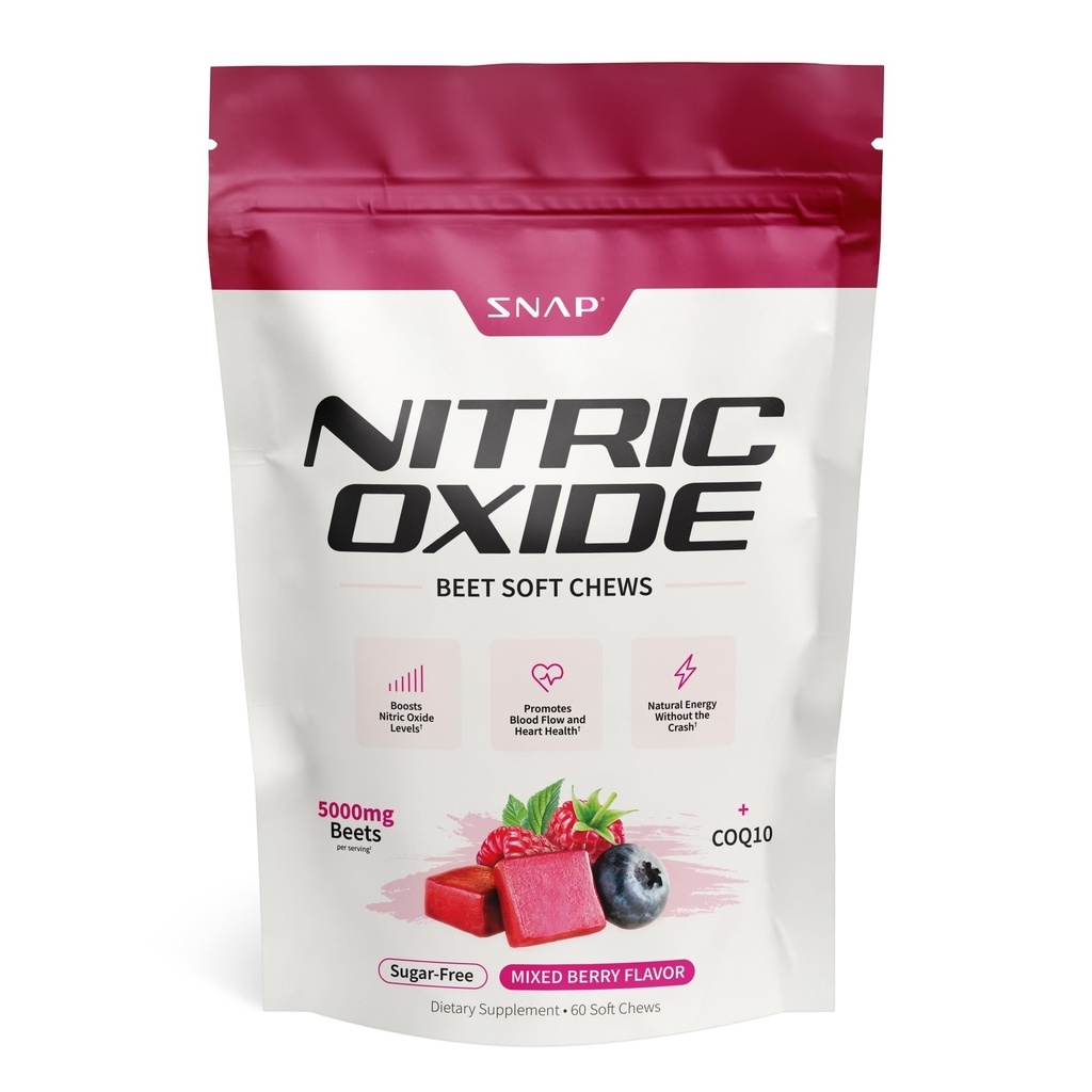 Snap Supplements Beet Root Natural Nitric Oxide Supplements for Men & Women, with Beet Root Extract for Energy, Heart Health & Circulation Support, 60 Soft Chews (1 Month Supply), Mixed Berry