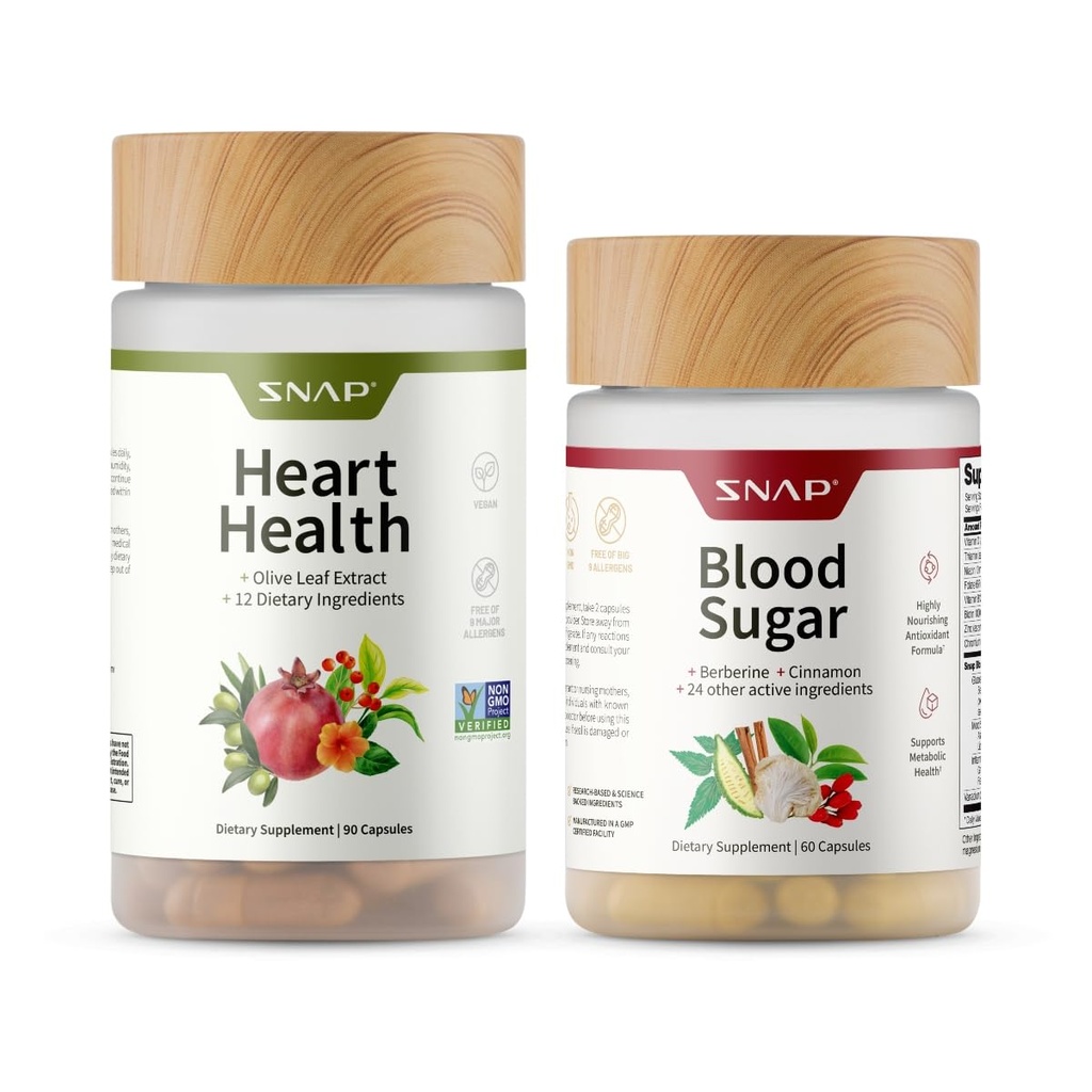 Snap Supplements Heart Health + Blood Sugar Blend Bundle, 90 + 60 Capsules (Packaging May Vary)