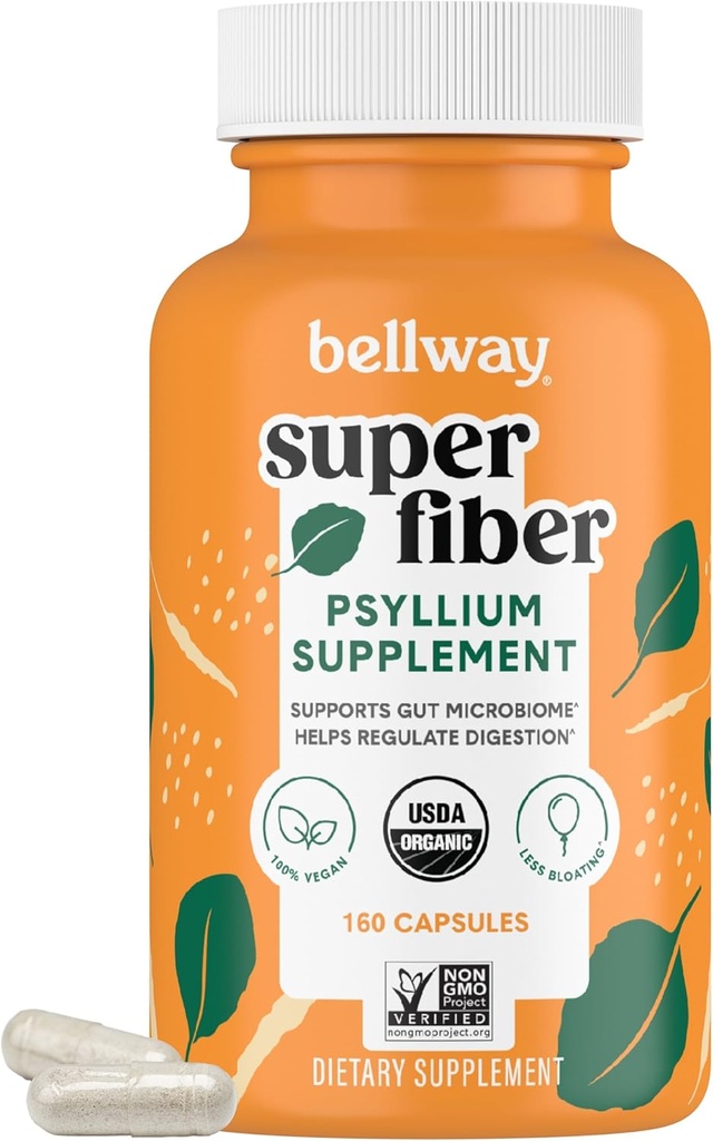 Bellway Super Fiber Capsules - USDA Organic Psyllium Husk Capsules - Tägliche Psyllium Husk Faser-Ergänzung für Verdauungs-Gesundheit und Regularität - Plant Based, Non-GMO, Kosher - 160 Kapseln