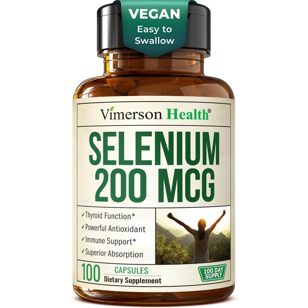 Capsules de sélénium 200 mcg – Supplément de sélénium de haute puissance pour support thyroïdien, antioxydant et immunitaire – Suppléments minéraux essentiels L-Sélénométhionine hautement biodisponibles – Vegan, 100 Capsules