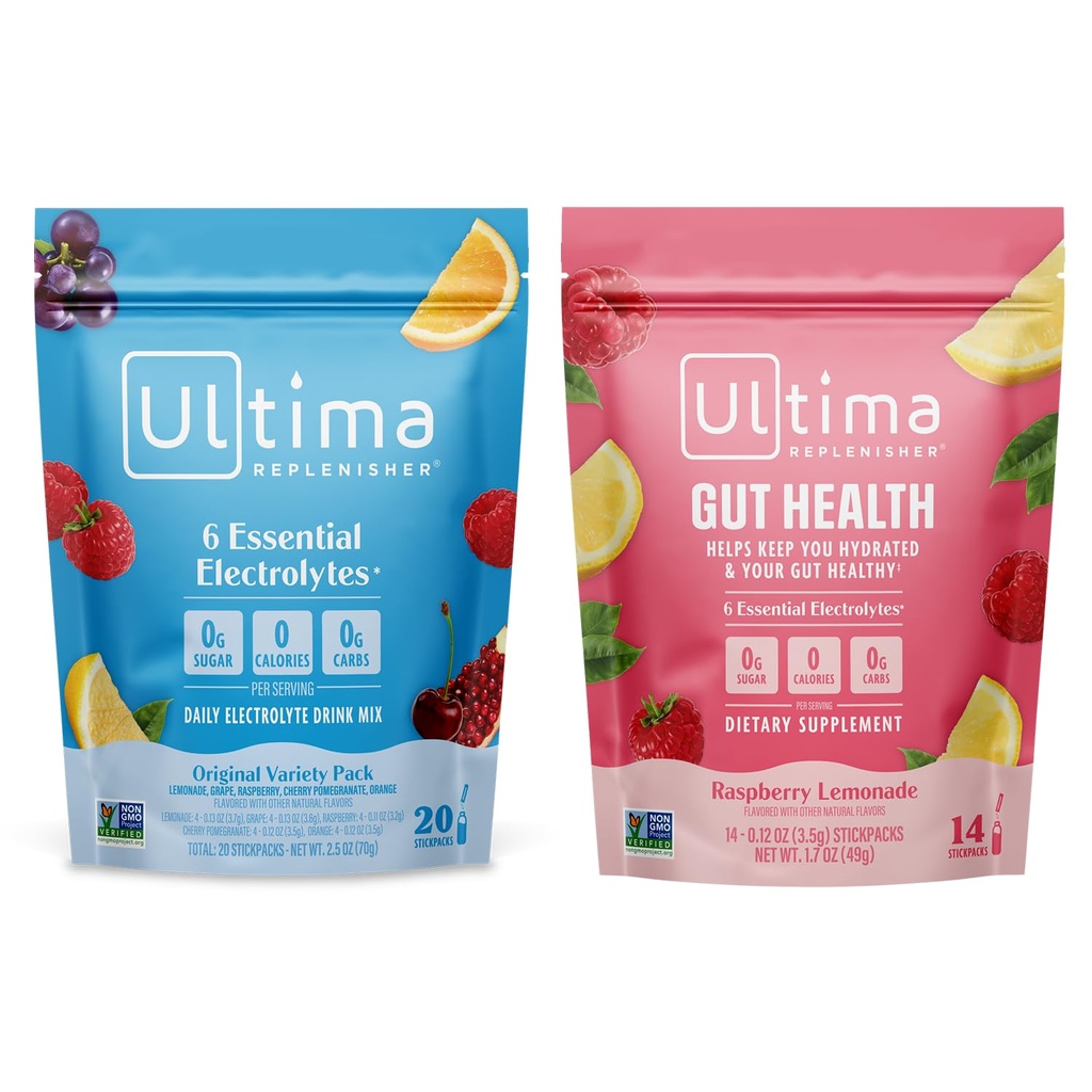Ultima Replenisher Electrolyte Powder Drink Mix Bundle – Sugar Free – Variety, Gut Health – 20 Stickpacks, 14 Stickpacks – 6 elettroliti e minerali – Keto Friendly, Vegan, Non OGM