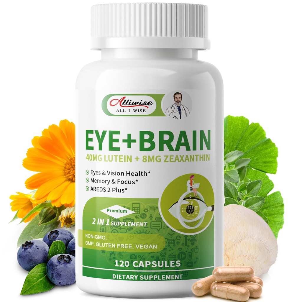 Occhio + Cervello Integratori per Memoria e Focus, Lutein 40mg, Zeaxanthin, Astaxantina, Bilberry, Mane del Leone, Bacopa Monnieri, Ginkgo Biloba, 14 in 1 Vitamine Occhiali per Adulti & Senior 120 Capsule
