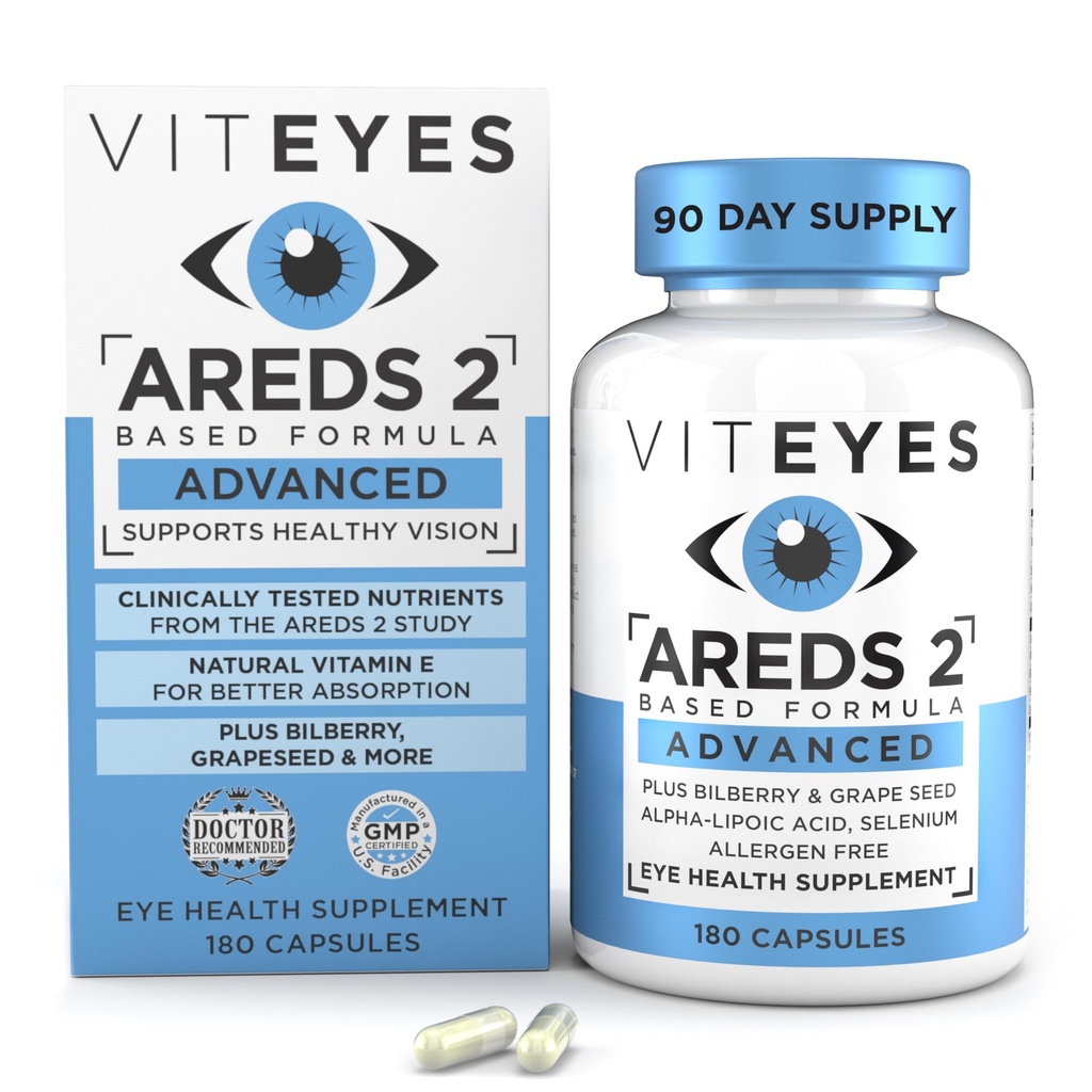 Viteyes AREDS 2 Advanced Eye Vitamins, Macular Support with Bilberry, uvaeed, FLORAGLO Lutein, Selenium, Natural Vitamin E, Allergen Free, Vision Protection, Eye Doctor Trusted, 180 Count