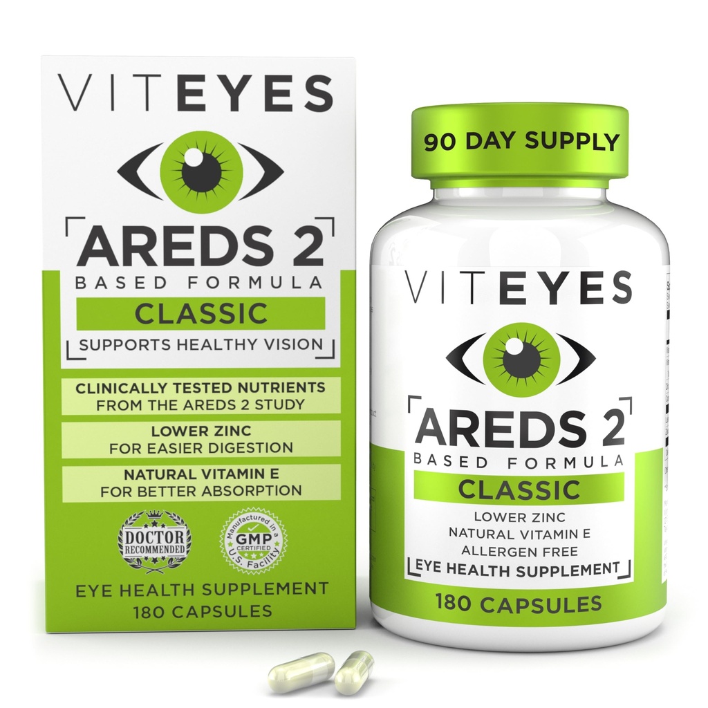 Viteyes AREDS 2 Vitamine Occhiali, Supporto Maculare Classico, Capsule Allergeni Libero, con Vitamina E Naturale, Vitamina C, Zinco, Rame, Lutein & Zeaxanthin, Eye Doctor Trusted, Prodotto negli Stati Uniti, 180 Ct