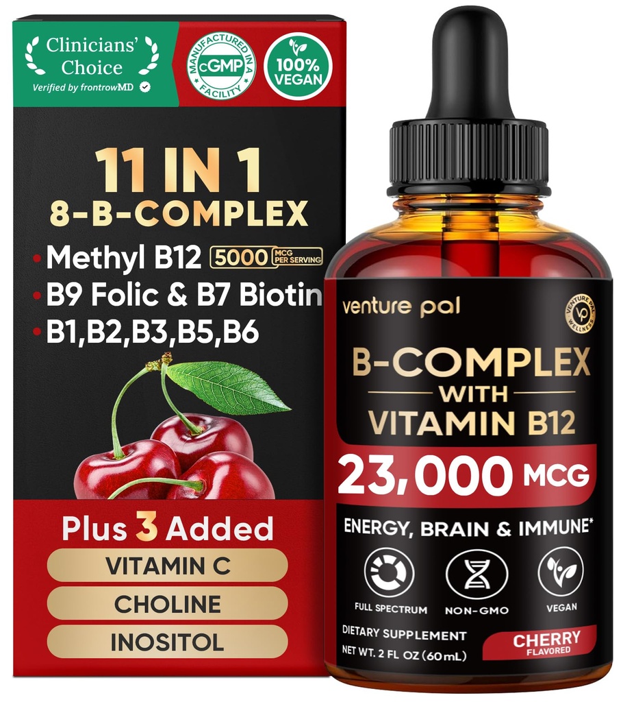 Venture Pal Vitamin B Complex Liquid Drops, B12 Methylcobalamin | B9 Folic | B1,B2,B3,B5,B6,B14 - Vitamin C, Choline, Inositol, Immune & Energy Metabolism, Brain & Heart Support