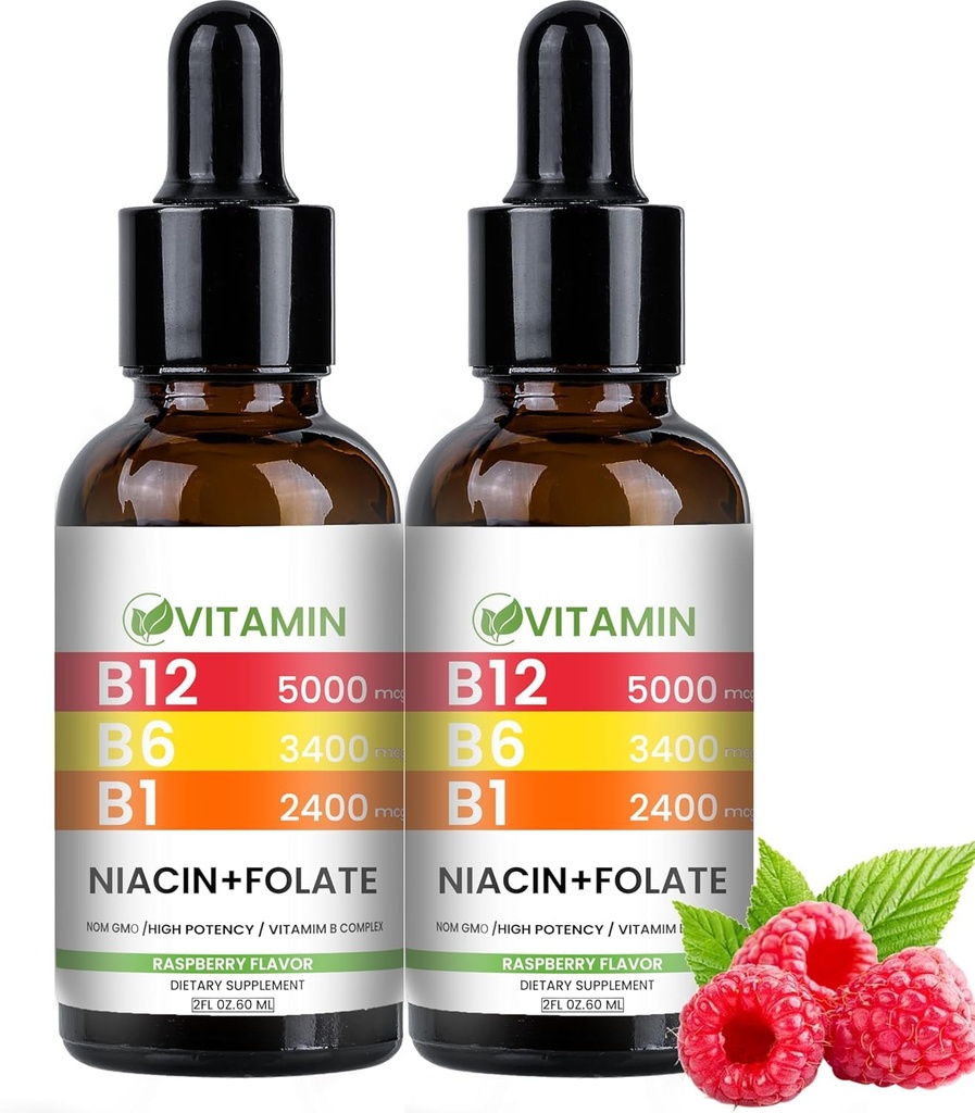 Vitamin B12 and B6 Liquid Drops, B12 Sublingual Vitamin B Complex - B 12 Vitamin 5000mcg - B12 Methylcobalamin for Energy, Brain, and Heart Support with, Raspberry, 80 Servings