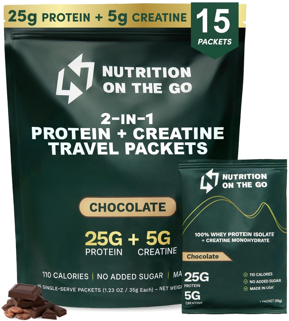 Ernährung auf den Go Whey Protein Isolate Pakete mit Kreatin - 25g Protein + 5g Creatine - Single-Serve Travel Protein Powder - 5,9g BCAAs, Keto & Low-Carb, Gluten-Free - Schokolade (15-Pack)