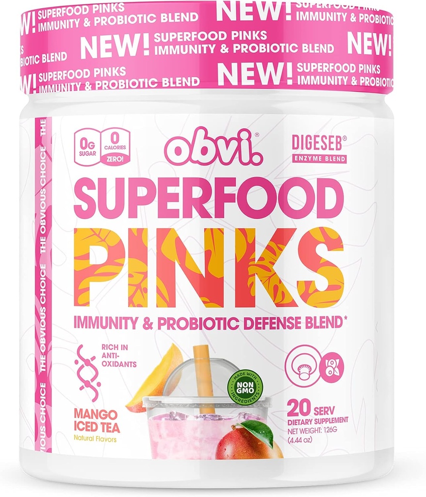 Obvi Superfood Pinks Probiotic Blend | Reich an Antioxidantien, Adaptogene, Verdauungsenzym Blend, Immununterstützung, Gut Health | Keto, Glutenfrei, kein Zucker, 10 Billion CFU | Mango Iced Tea, 20 Servierungen