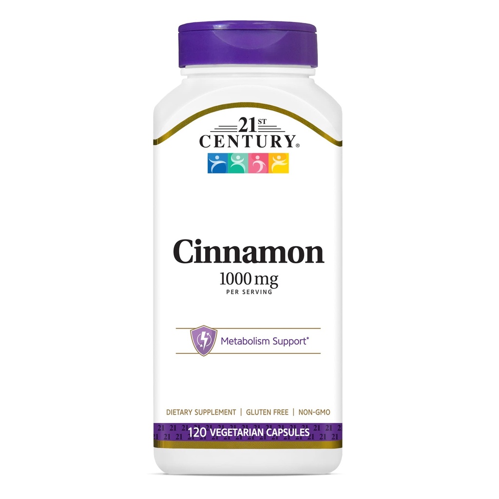 21st Century 1000 mg Cinnamon Vegetarian Capsules (120 Count), Cinnamon Supplements Supports Sugar Metabolism, Gluten-Free, Non-GMO, No Added Preservatives or Artificial Flavors