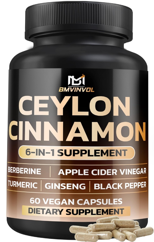 Ceylon Cinnamon Capsules with Berberine HCl Supplement - Panax Ginseng, Apple Cider Vinegar, Turmeric Curcumin - Support Immunity & Energy Production - 60 Capsules - 2 Month Supply
