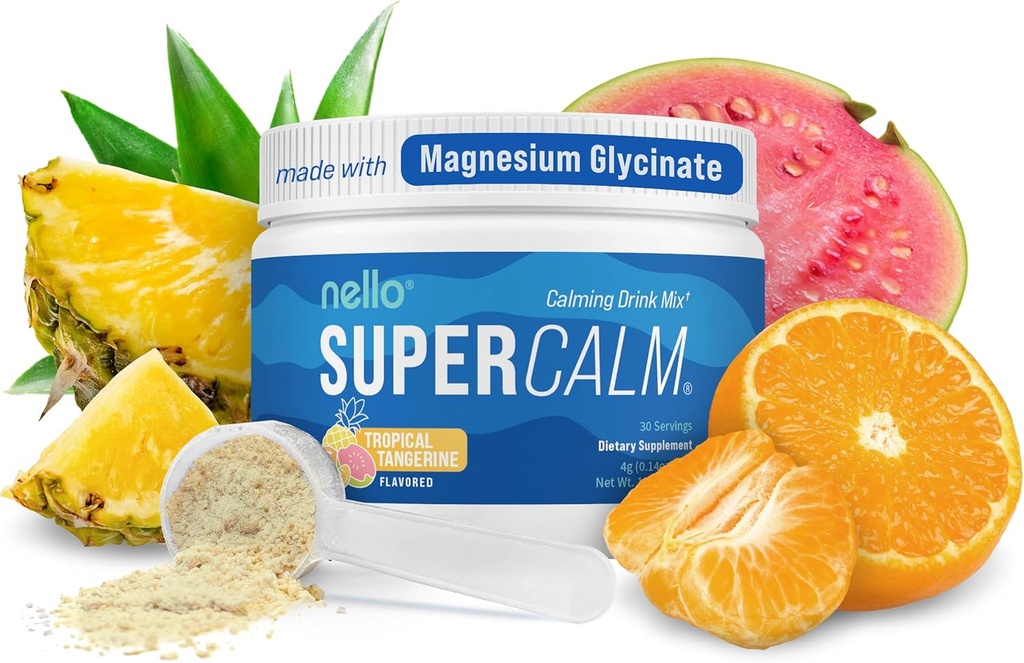 Nello Supercalm Powdered Drink Mix, Tropical Tangerine, L Theanine, Ksm-66 Ashwagandha, Magnesium Glycinate, Vitamin D 3, Nahrungsergänzungsmittel für Entspannung & Fokus, Natürlich, kein Zucker, Non GMO, 30 Srvg