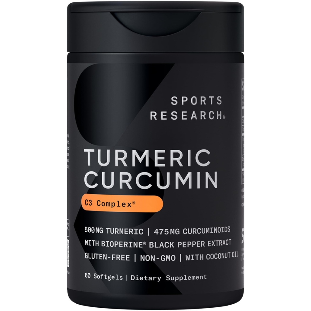Sportforschung Kurkuma C3 Complex 500 mg, Enhanced & Black Pepper und Bio Kokosöl für bessere Absorption; Non-GMO und Glutenfrei - Standardisierte 95% Curcuminoide (60 Count Softgels)