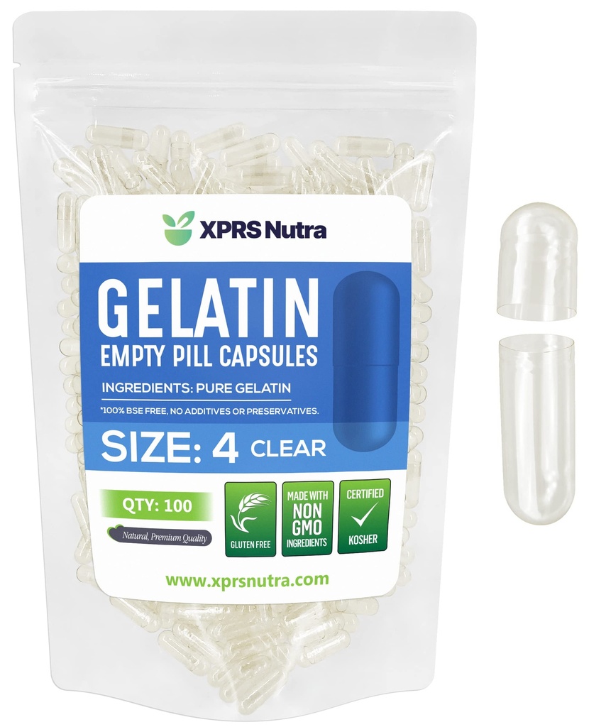 XPRS Nutra Taille 4 Capsules vides - 100 Compter les petites capsules de gélatine vides - Pills Bricolage Capsule Remplissage - Gel de pilules pures rechargeables pour Do-It-Youlf Suppléments