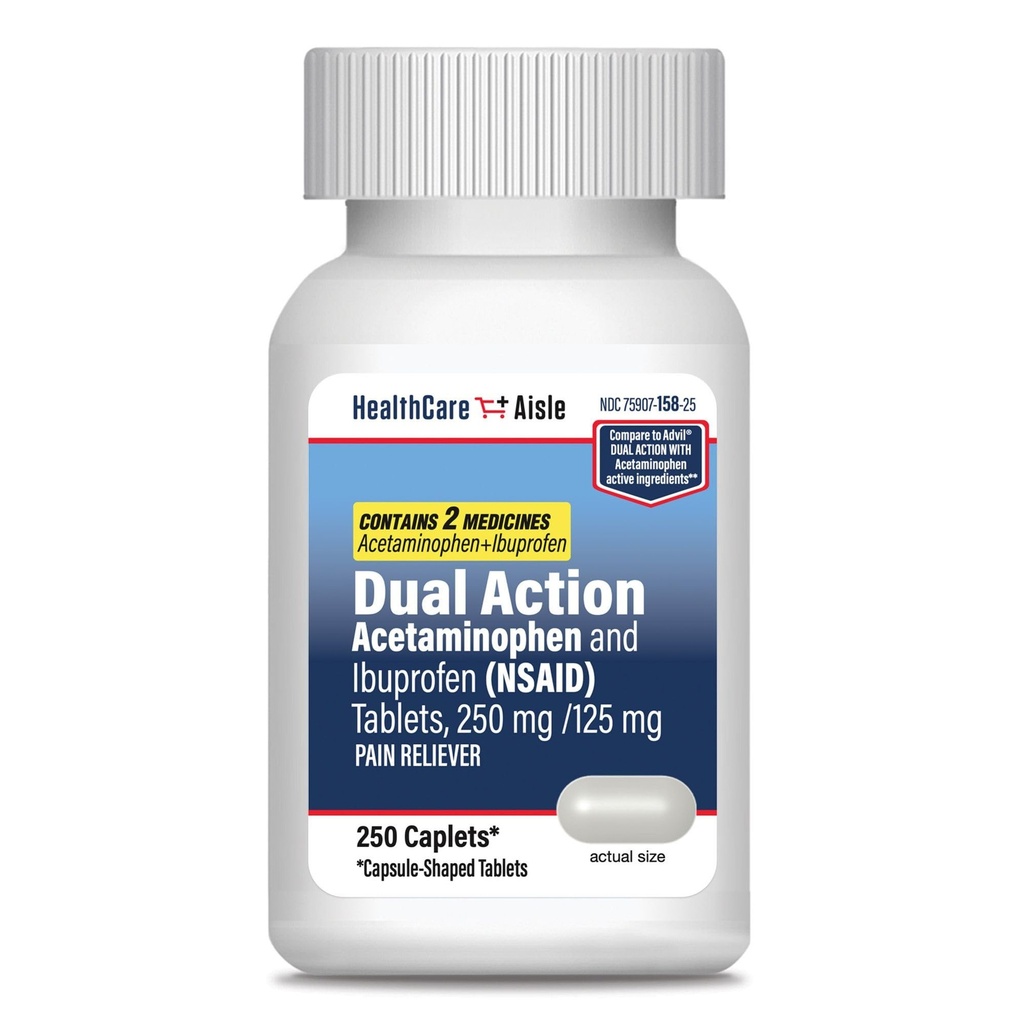 HealthCareAisle Dual Action Acetaminophen and Ibuprofen (NSAID) Tablets, 250 mg /125 mg Pain Reliever - 250ct Caplets