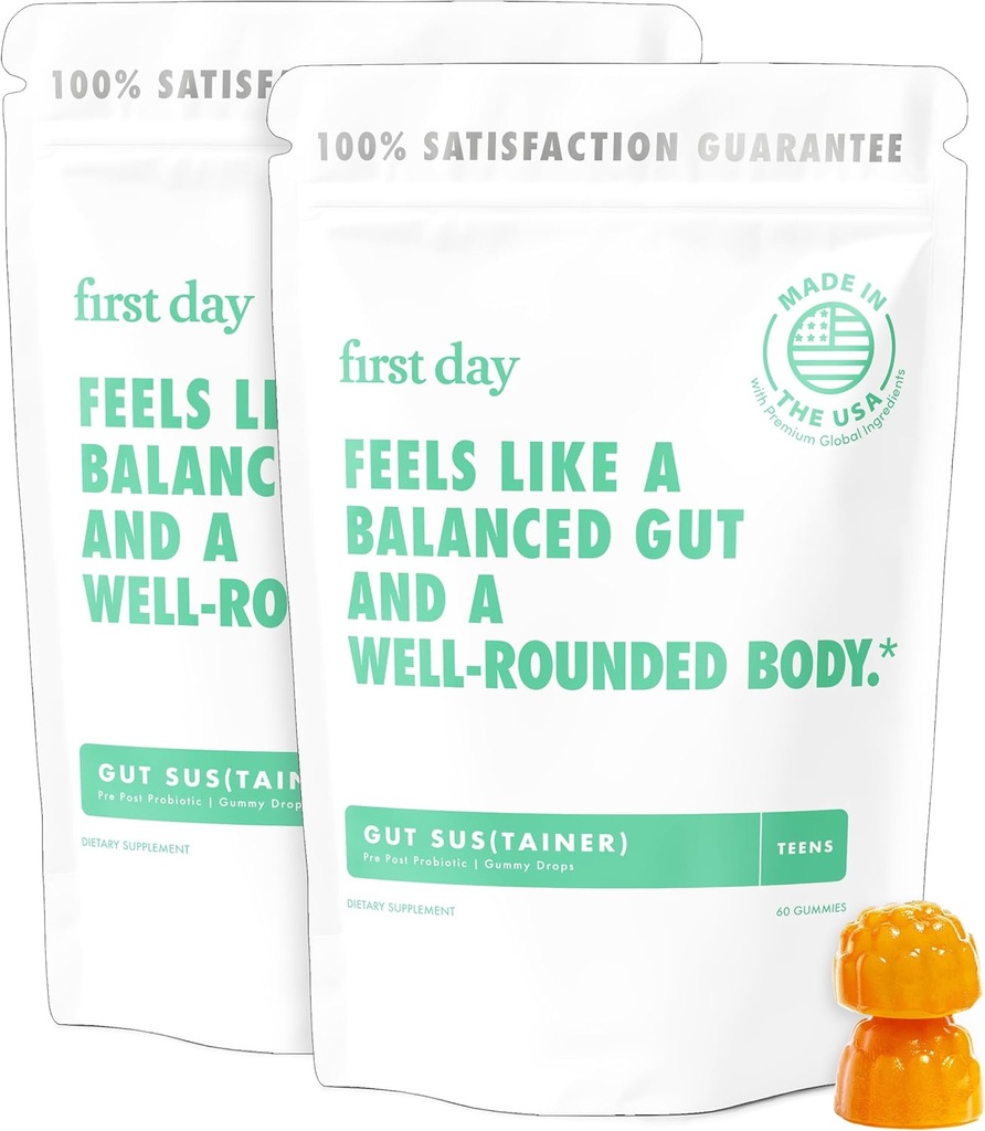 FIRST DAY Teens’ Gut Sustainer Tribiotic Gummies – 3-in-1 Prebiotico, Probiotico e Postbiotico Supplemento – Supporta Digestivo, Pelle, Orale & Salute Immune, Assorbimento Nutriente & Crescita – Alimentazione 60-Giorni