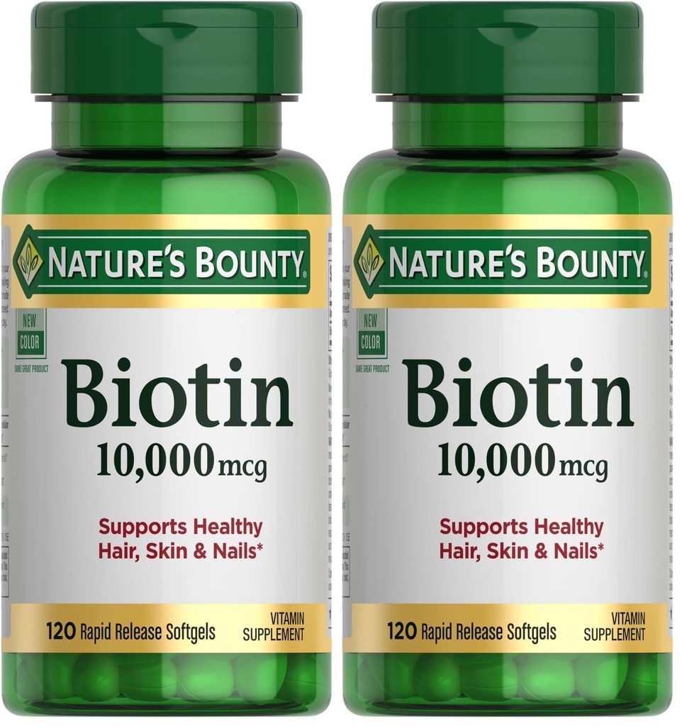 Nature de Bounty Biotin cheveux peau et ongles vitamines, soutient cheveux, peau et ongles sains, 10 000 mcg, 120 Softgels (Pack de 2)