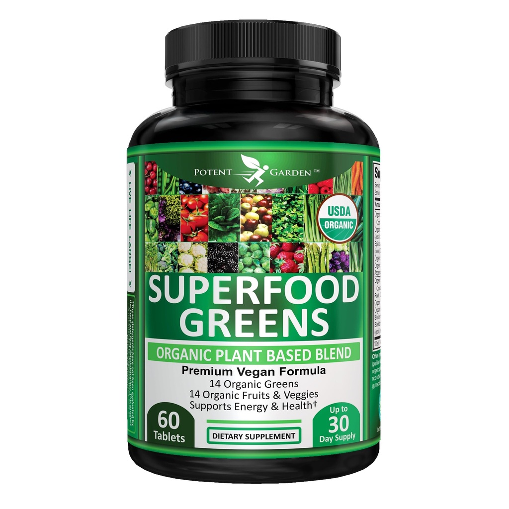 Potent Garden Bio Superfood Greens, Fruits and Veggies Supplément Riche en vitamines et antioxydants avec Alfalfa, Beet Root & Tart Cherry pour stimuler l'énergie, l'immunité et la santé des Guts, les comprimés verts 60 Ct