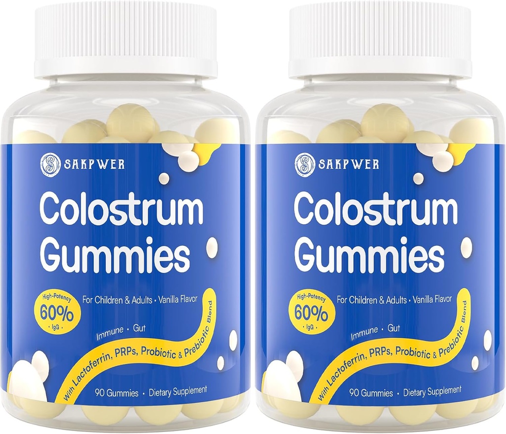 Bovine Colostrum Supplement Gummies - con 60% più alto IgG, Lactoferrin, Probiotici e Prebiotici per adulti e bambini, Vanilla Flavor & Sugar Free, 2 Pack