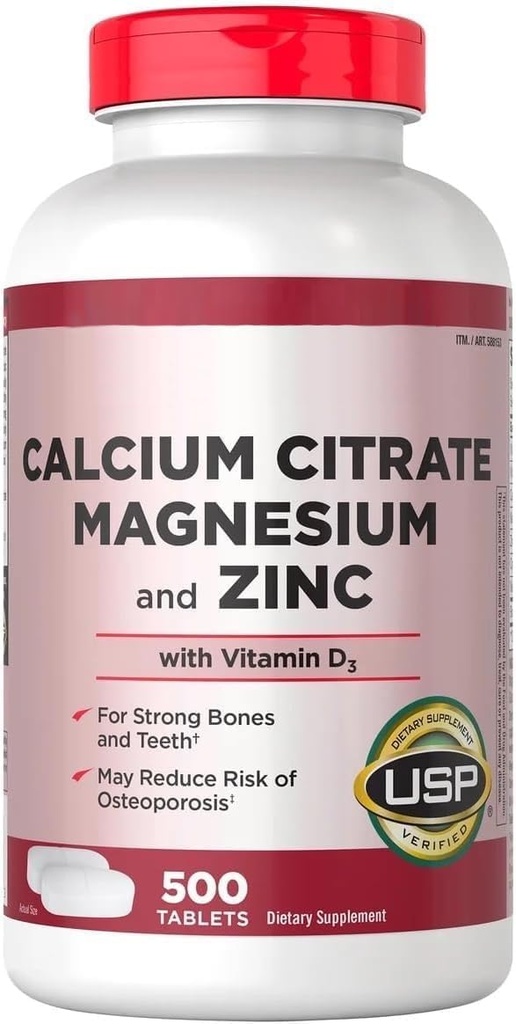 Citrato di calcio 500 mg con Magnesio, Zinco e Vitamina D3 - Bone Forza & Integratore di supporto immunitario - Supporta la contrazione sana dei denti e del muscolo - USP verificato - 500 compresse