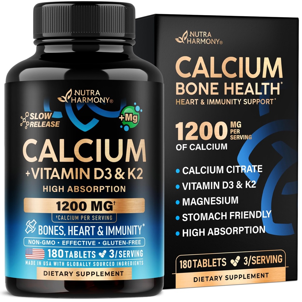 Calcio 1200 mg con vitamina D3 - Integratori di citrato di calcio per le donne e gli uomini - Salute di ossa, resistenza e densità - Alto assorbimento e rilascio lento - Lab testato, Made in USA - 180 compresse, 60 giorni di alimentazione