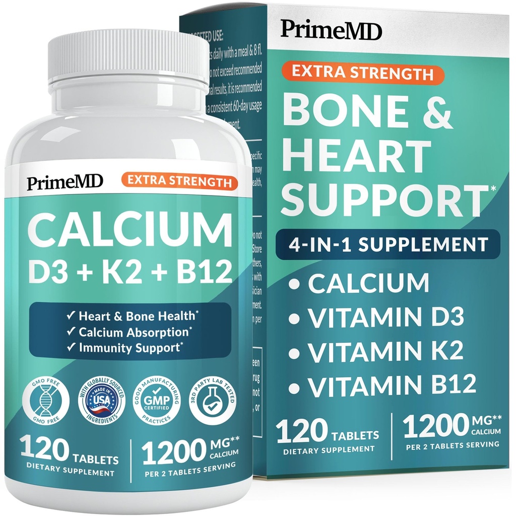 4-en-1 Calcium 1200 mg avec vitamine D3 K2 - Suppléments de calcium extra-fort pour les femmes et les hommes avec D3 K2 Vitamine 5000 UI - Supplément de vitalité quotidienne - Vegan-friendly, sans gluten, non-OGM (120ct)