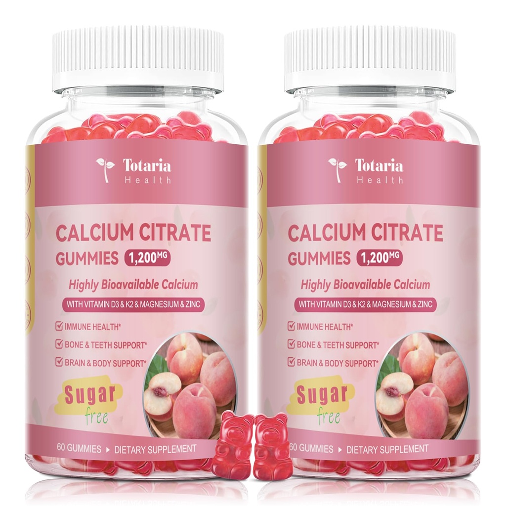 2 Packung Calcium Citrate Gummies 1200 mg - Calcium Supplements für Frauen mit Vitamin D3 & K2, Magnesium, Zink - Zuckerfreie Calciumgummies für Knochen & Zähne & Immune Support- Pfirsich-Aroma