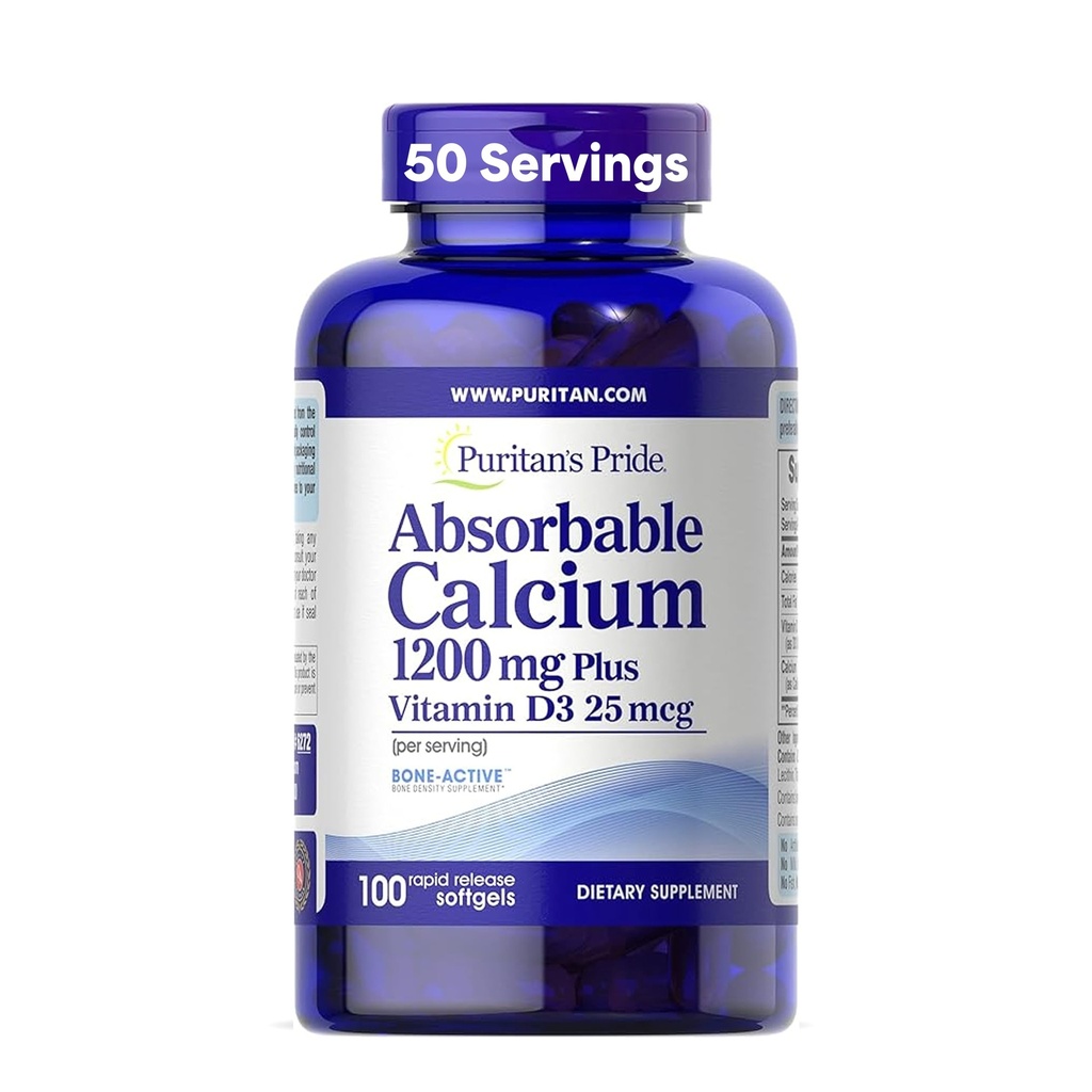 Puritan's Pride Absorbable Calcium 1200 mg Plus Vitamin D3 25mcg 1000 IU With Bone-Active™, Dietary Supplement For Bone Strength, Heart, Nerve, Muscle, And Immune Support, 100 Rapid Release Softgels