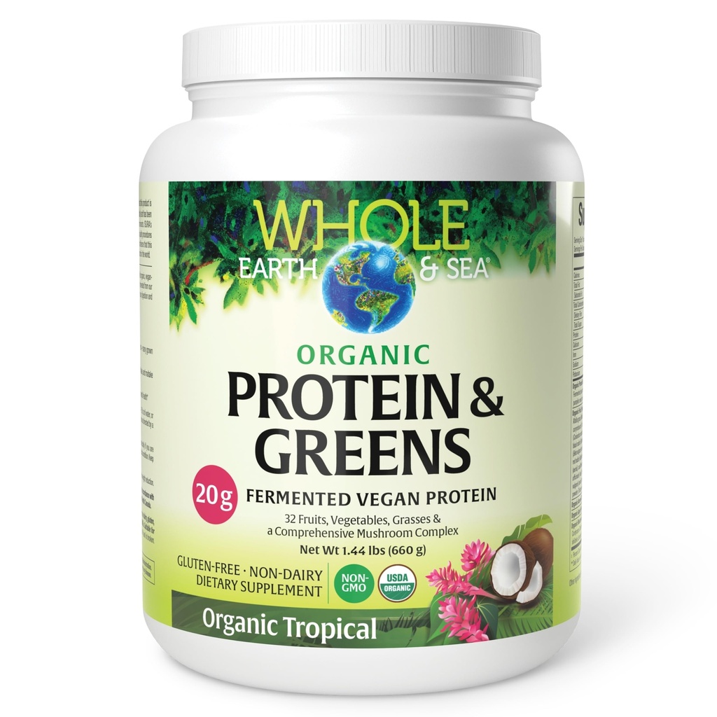 Terre et mer entières à partir de facteurs naturels, protéines et verts fermentés organiques, supplément alimentaire entier végétalien, tropical, 1lb 7,3 Oz