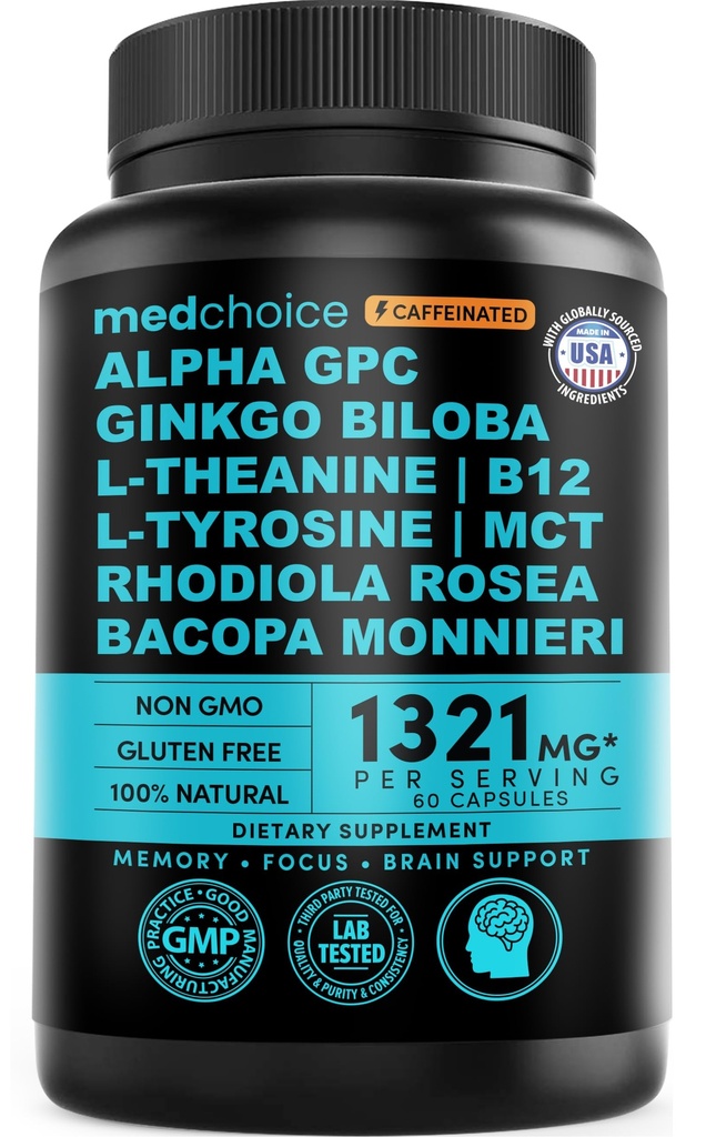 12-in-1 Nootropic Brain Ergänzung mit Koffein-Anhydrous: Ginkgo Biloba für Gehirnunterstützung, Gedächtnis und Fokus - B12, Alpha GPC, L Theanin und Choline Ergänzungen mit Bioperine mit 1321mg (60ct)
