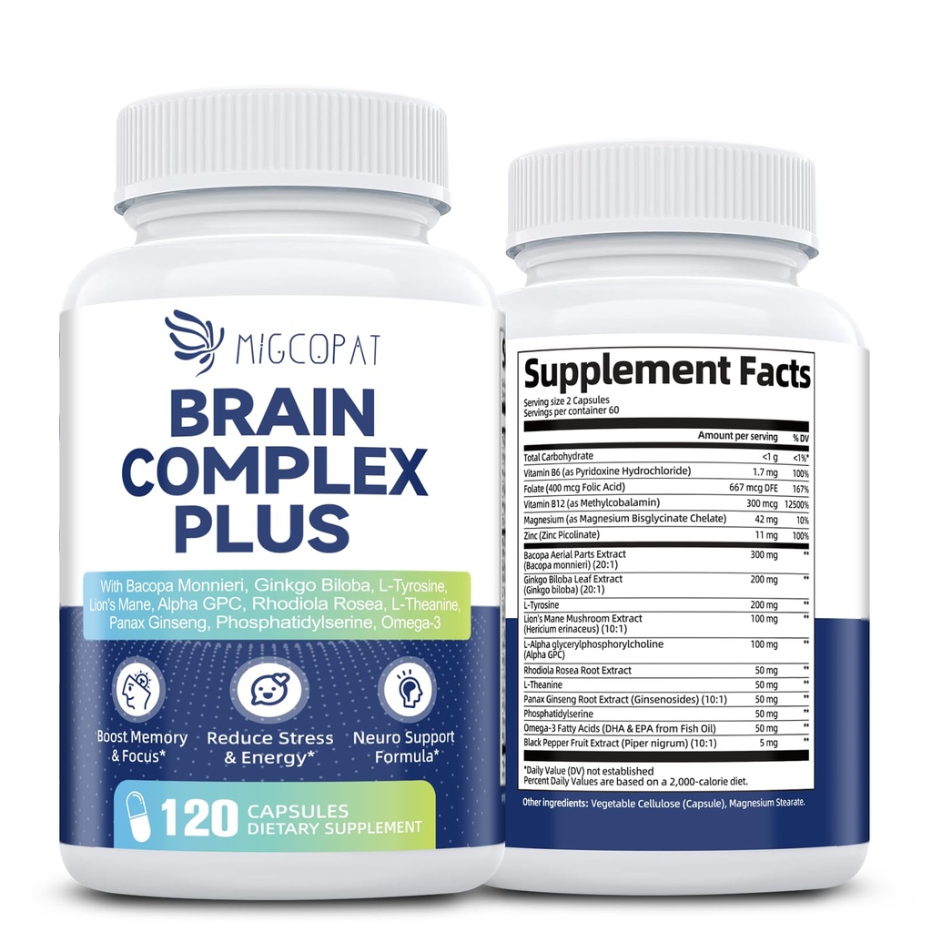 Integratori cerebrali per memoria e messa a fuoco | Nootropic con Bacopa Monnieri, Lion's Mane, Alpha GPC, Ginkgo Biloba | Clarity mentale e supporto cognitivo | Vitamina B6 & B12 Neuro Health - Non-GMO, 120 Caps