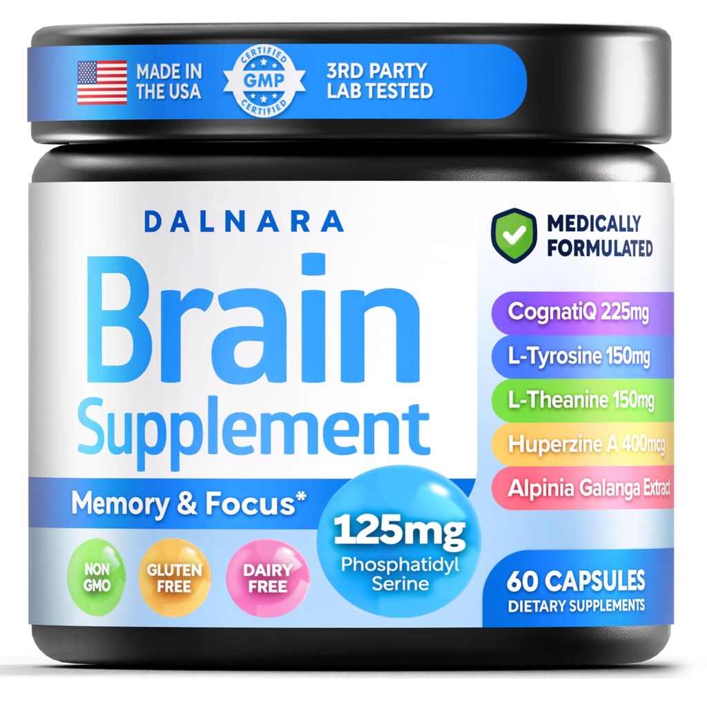 Integratori cerebrali per la memoria e la messa a fuoco per gli uomini e le donne - Nootropic con Alpinia Galanga, CognatiQ, Phosphatidylserine, L-teanina, L-tirosina - Brain Booster Memory Pills Brain Health - 60 Capsule