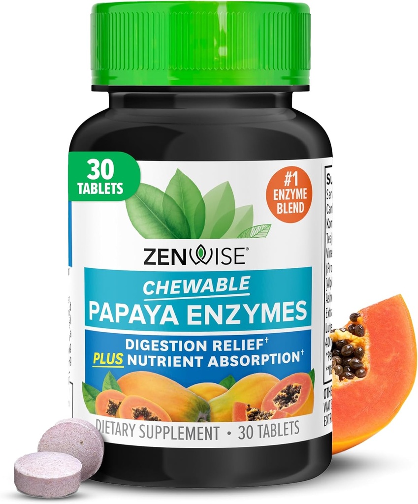 Zenwise Health Chewable Papaya Enzyme für Verdauung & Gut Unterstützung - Kaubare Verdauungsenzymmischung mit Papain und Bromelain für Verdauungshilfe - Frauen & Männer - 30 Tabletten