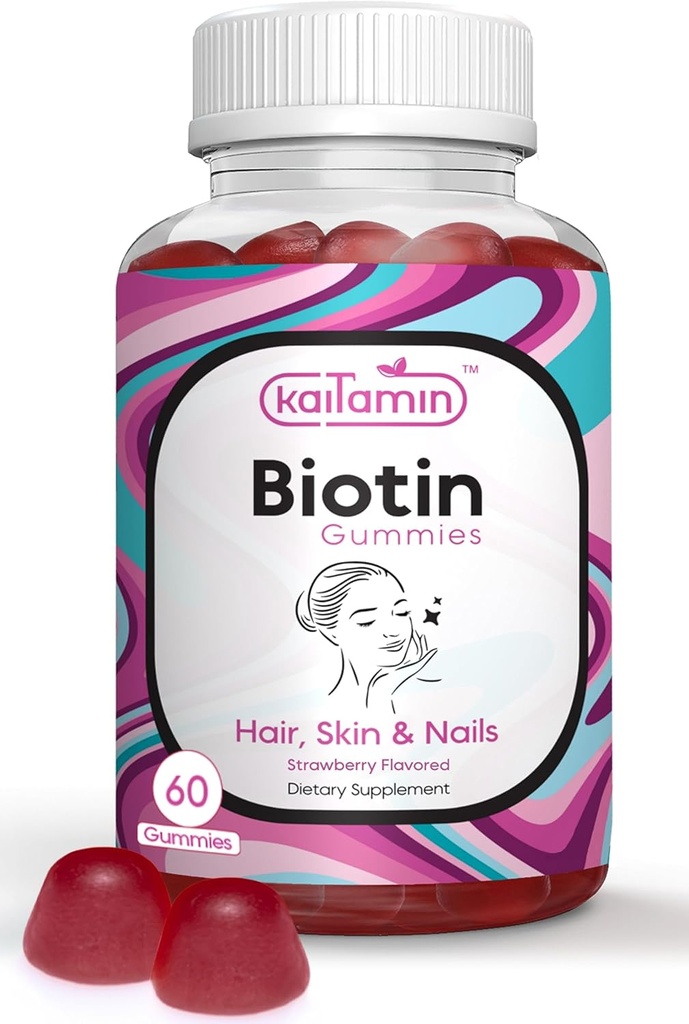 Biotina Vitamina B7 Gummies per Hair Skin & Nails - 5000 mcg per Serving - con olio di cocco e mirtillo, 60 Gummie aromatizzate alla fragola - Tutto naturale, senza glutine e vegetariano (Pack of 1)