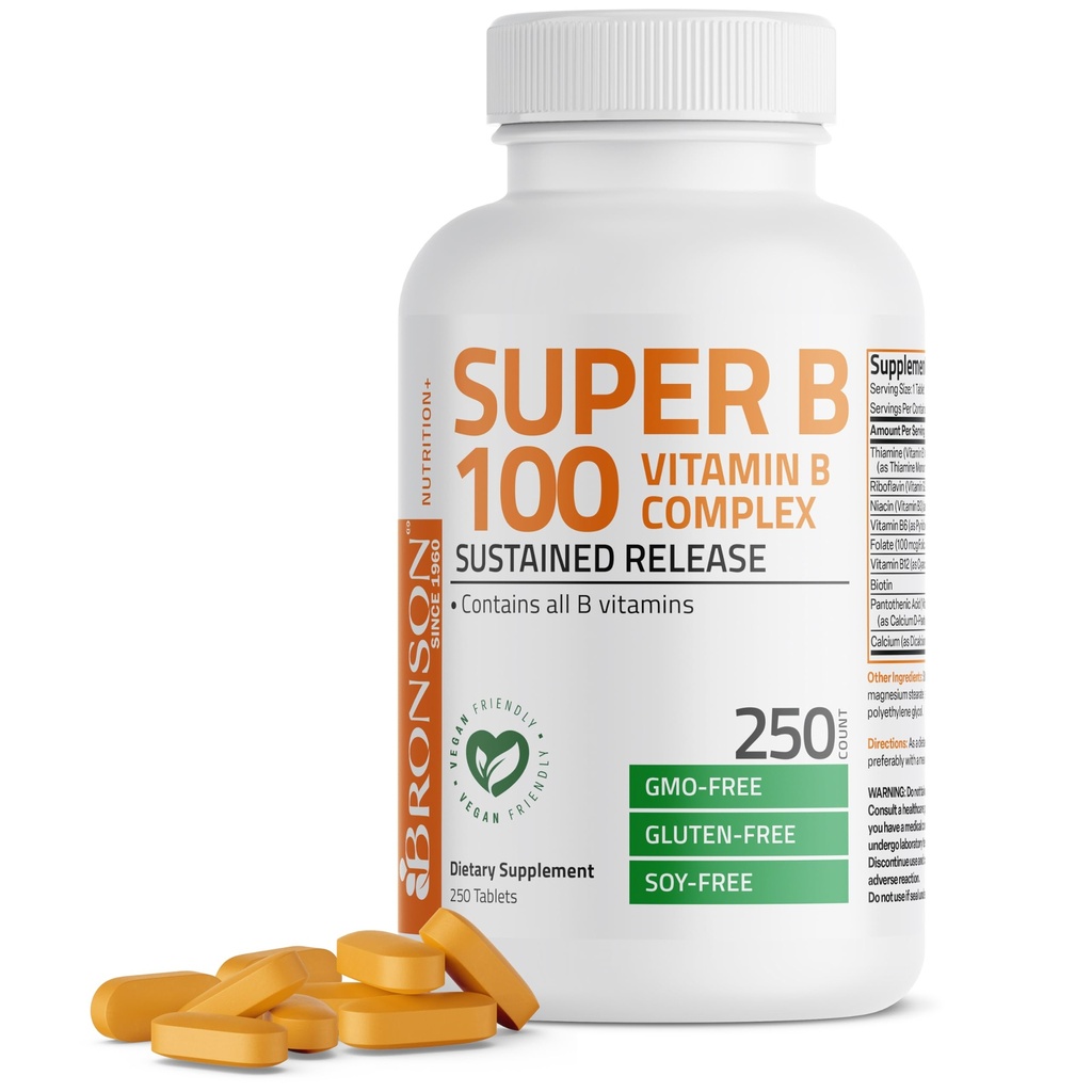 Bronson Super B 100 Vitamina B Complex Il rilascio prolungato contiene tutte le vitamine B (Vitamina B1, B2, B3, B6, B9 - Acido Folico, B12) Supporta Metabolismo Energetico & Salute del Sistema Nervosa, Non OGM, 250 compresse