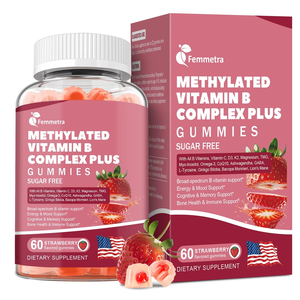 Ultra Methylated Vitamin B Complex Sugar Free Gummies - All B Vitamins + Vitamin C D3 K2 Ashwagandha Magnesium Omega 3 CoQ10 for Women Men - Methyl Vitamin B12, Methylfolate, B1, B2, B3, B5, B6, B7 B9