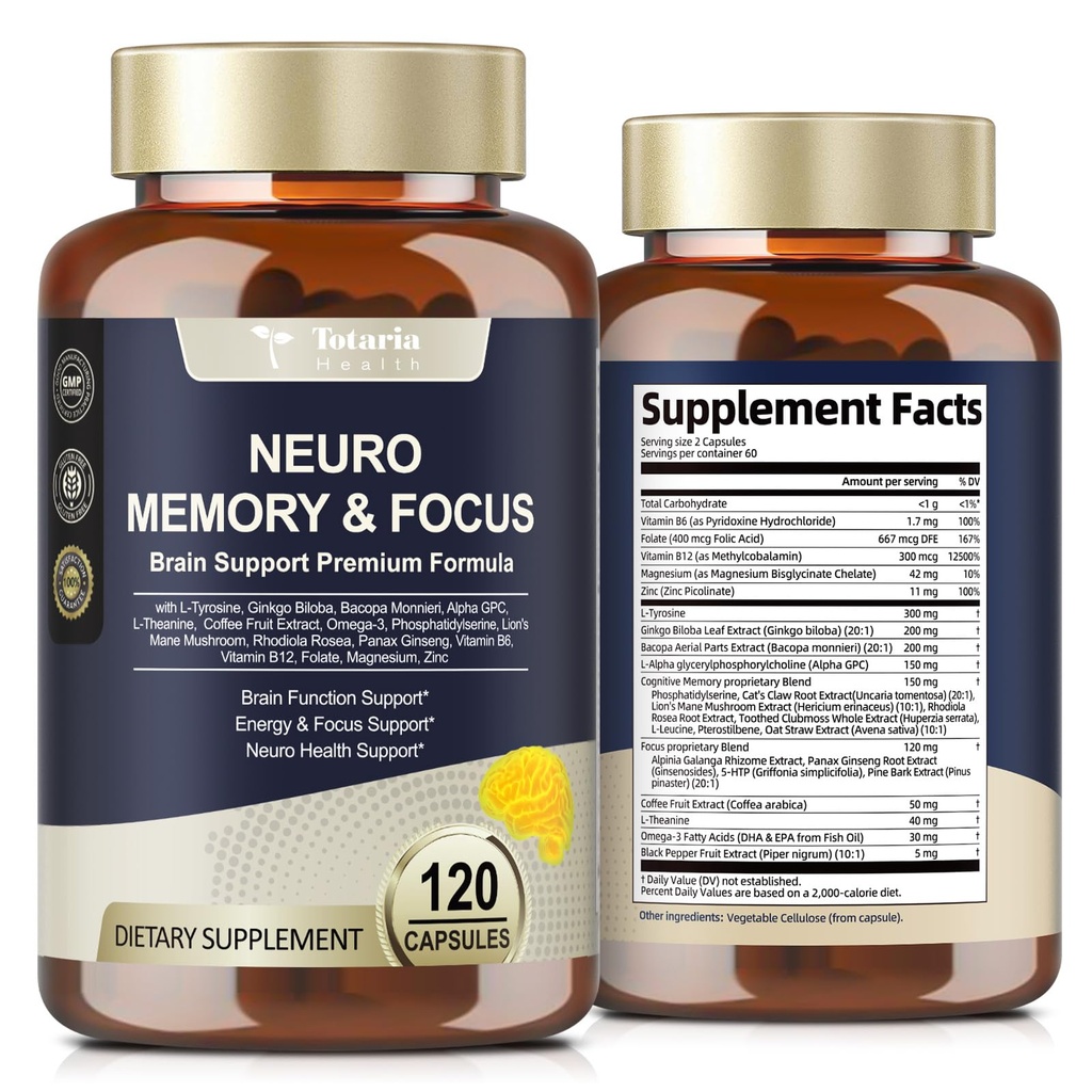 Totaria Brain Supplements for Memory and Focus, Brain Health with L-Tyrosine, Alpha GPC, Ginkgo Biloba, Bacopa Monnieri, Nootropic Cognitive Support - Non-GMO, Gluten Free (120 Counts)