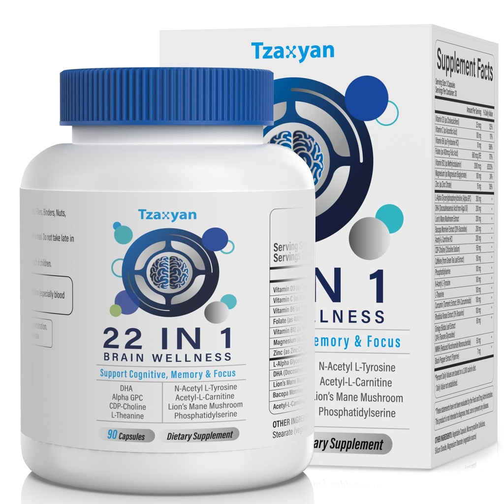 Integratori cerebrali per memoria e messa a fuoco, Clarity & Cognitive Improvement, 300mg Alpha GPC, CDP-Choline, DHA, Mane del leone, L-teanina, Vitamina B6 B12 & Phosphatidylserine per uomini e donne, 90 capsule