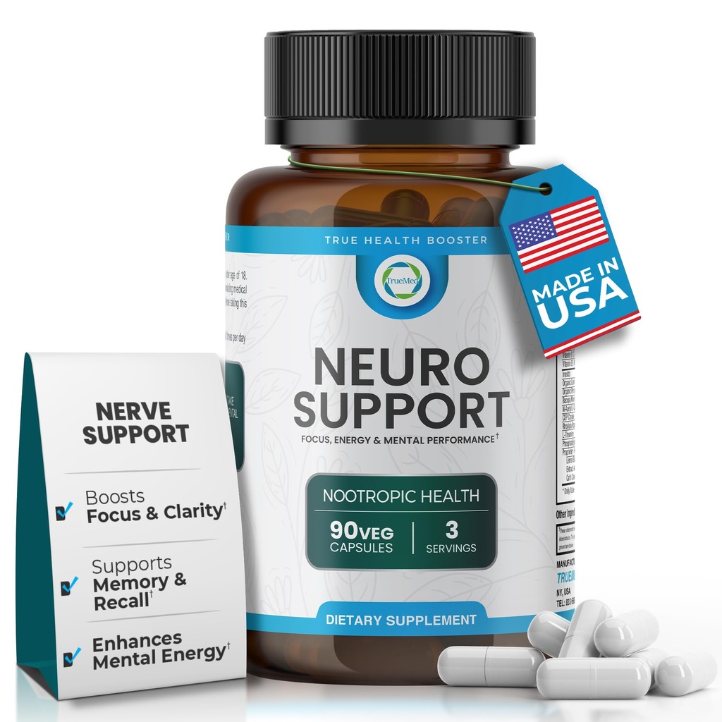 Neuro Support - Premium Nootropic Supplement for Focus, Energy, Mental Clarity, and Performance Organic Lion’s Mane, Bacopa Monnieri, Rhodiola, Non-GMO Gluten-Free CDP Choline 90 Veg Capsules