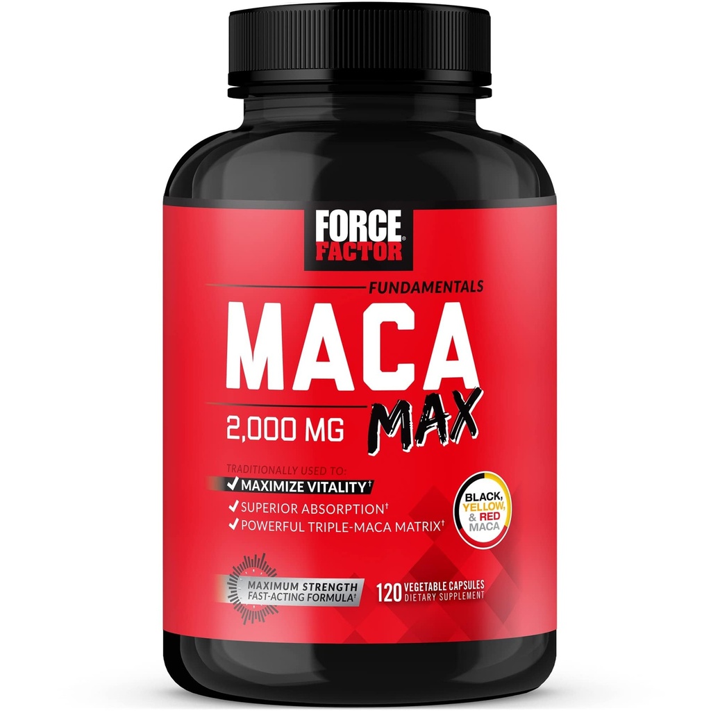 Facteur de force Maca Max, Capsules racine de Maca pour maximiser la vitalité et la performance, Fabriqué avec la Maca noire, la Maca rouge et la poudre de Maca jaune, poudre de racine de Maca, 2000mg, 120 Capsules