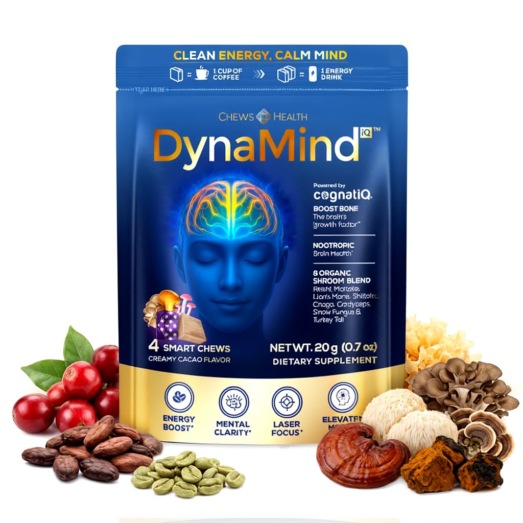 DynaMind iQ Supplément Cerveau pour la mémoire et le focus pour les adultes - Nootropic Chews (nootropic Chews) Mélange de fruits et de champignons de café, supplément de concentration de mémoire, pilules de foyer caféine Alternative, 4 comtes
