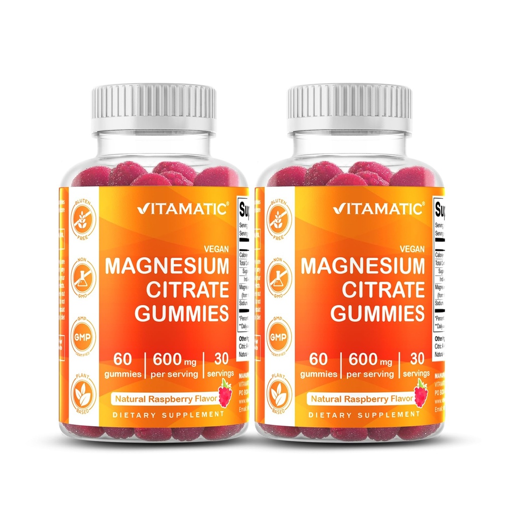Vitamatic Magnesium Citrate Gummies 600mg per Serving - 60 Count - Promotes Healthy Relaxation, Muscle, Bone, & Energy Support (Pack of 2)